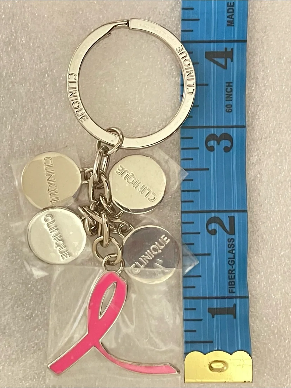 Clinique Key Chain Ring Breast Cancer Awareness Charms Pink Ribbon Silver Tone